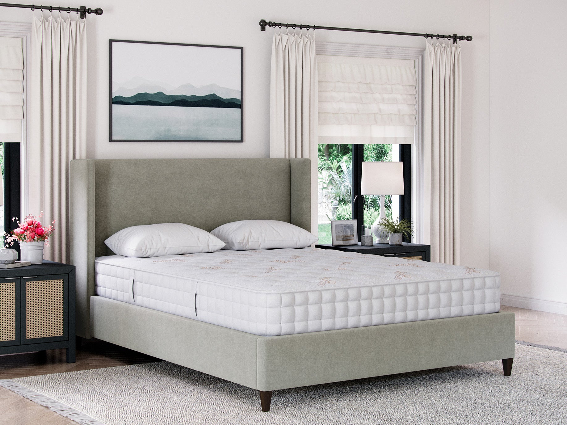 Luxury Hand-Tufted Hybrid Mattress & Sage Green Upholstered Wingback Bed Frame Set