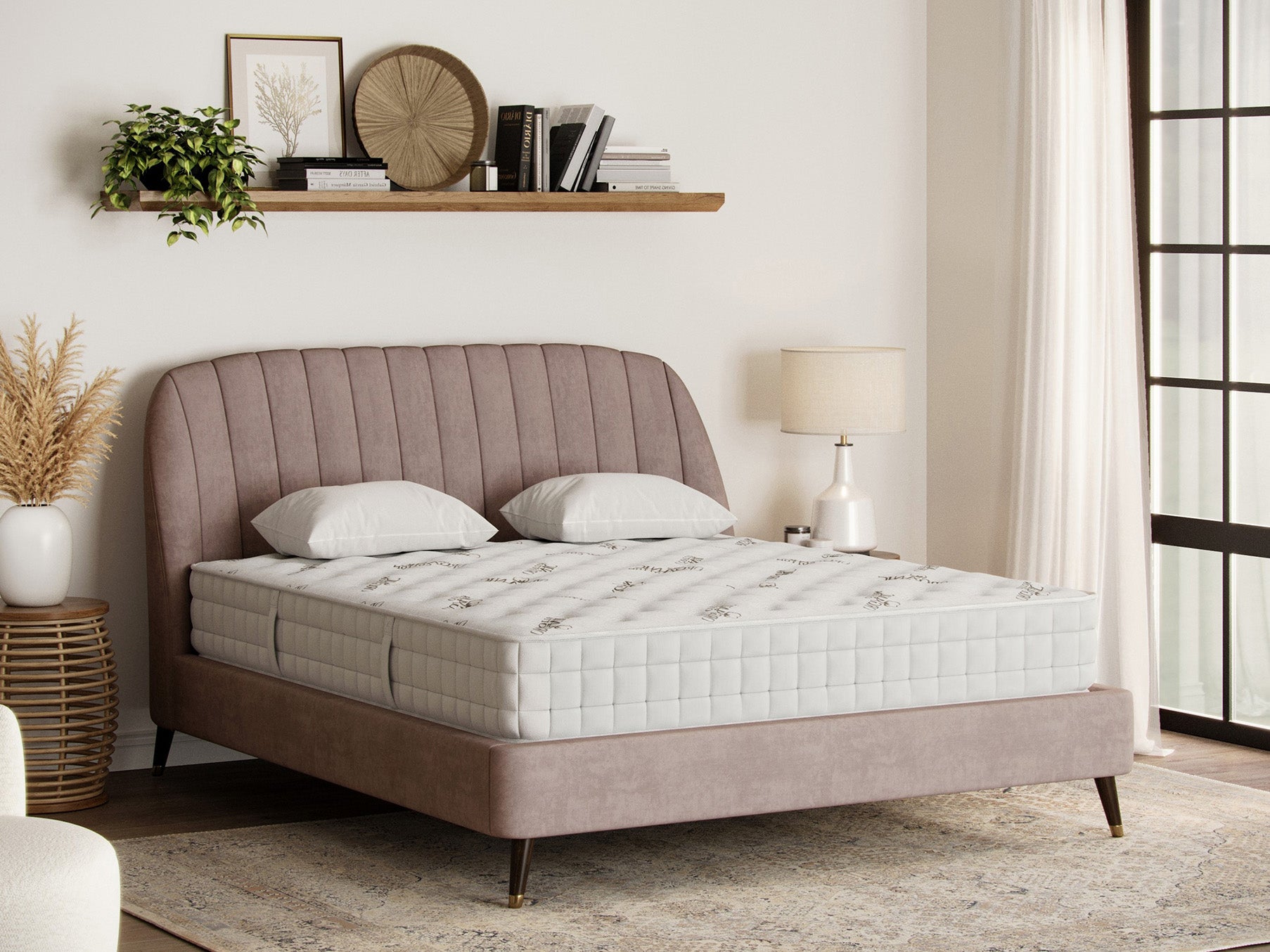 Velvet Channel Tufted Platform Bed Frame with Premium Tufted Hybrid Mattress – Dusty Rose
