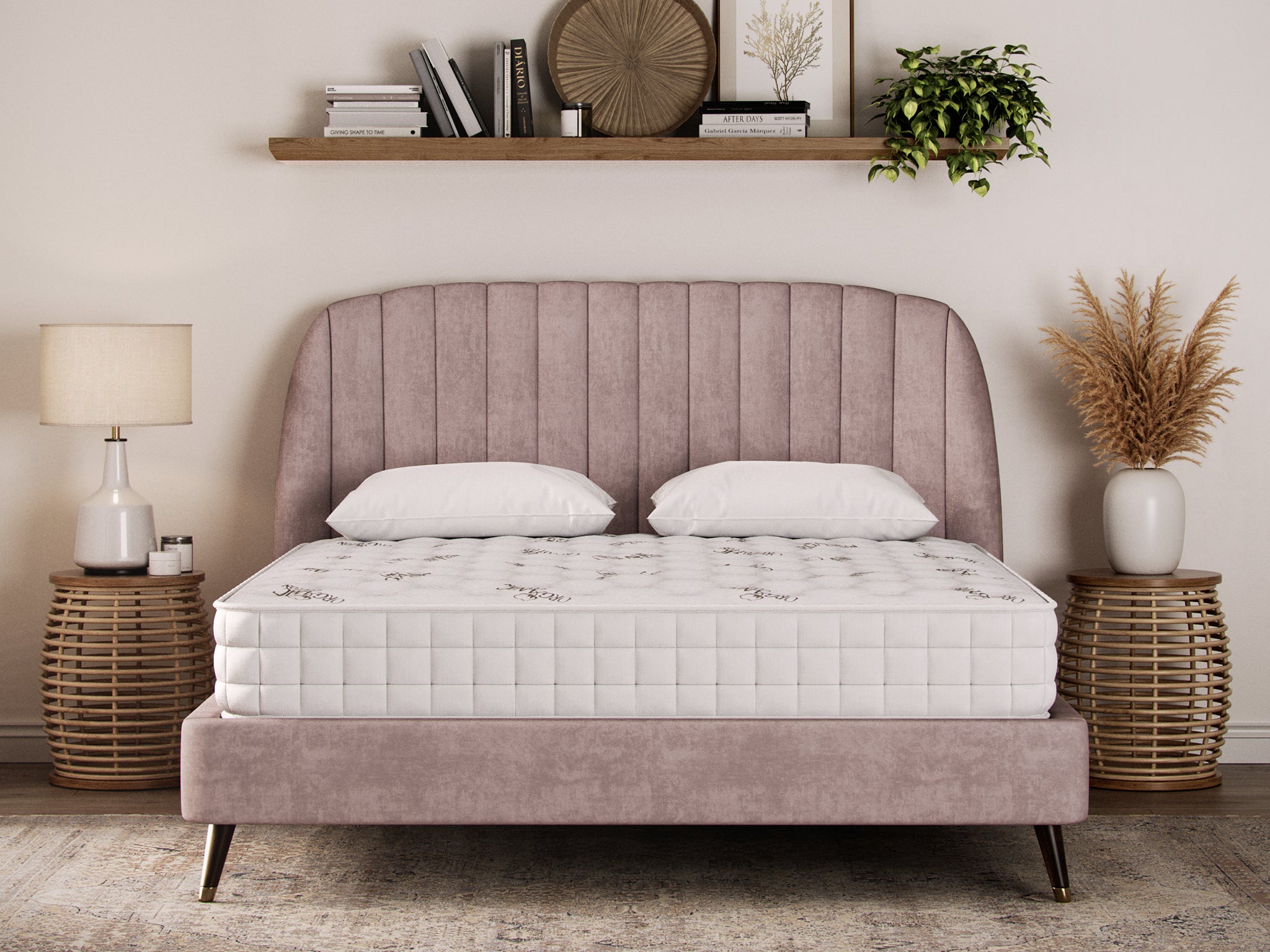 Velvet Channel Tufted Platform Bed Frame with Premium Tufted Hybrid Mattress – Dusty Rose - Image 2