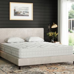NordiComfort Upholstered Platform Bed Frame with Quilted Hybrid Mattress Set – Off-White