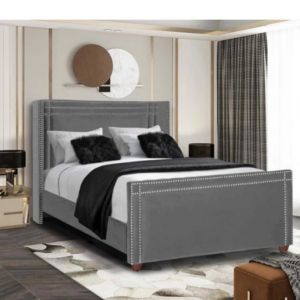 Grey Velvet Upholstered Bed Frame with Double Nailhead Trim