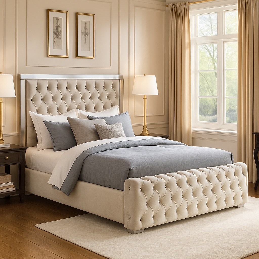 Modern Luxury Beige Velvet Upholstered Bed with Tufted Headboard & Footboard